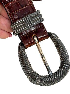 Brighton Vtg Belt S Brown Crocodile Silver Tone Twisted Rope Buckle 1994 Adjust